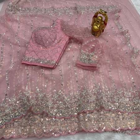 Pure Soft Net Pink Colour Hand Work Saree