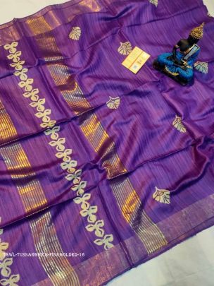 Purple And Golded Screen Printed Original Tussar Ghicha Silk Saree 16