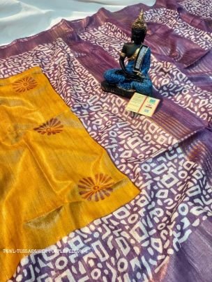 Purple And Yellow Screen Printed Original Tussar Ghicha Silk Saree