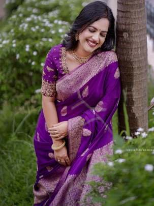 Purple Butta Jacquard Work Lichi Silk Saree
