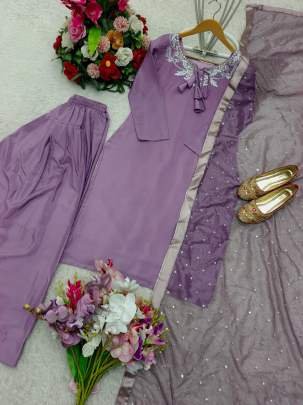Purple Charm Premium Embroidered Kurti And Farsi Salwar With Elegant Dupatta