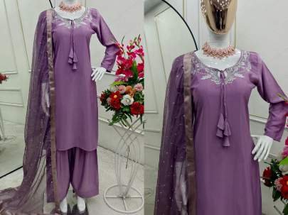 Purple Charm Premium Embroidered Kurti And Farsi Salwar With Elegant Dupatta