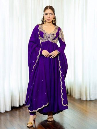 Purple Chinon Silk Embroidered Anarkali Gown with Dupatta