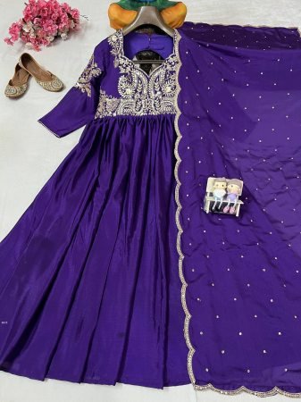 Purple Chinon Silk Embroidered Anarkali Gown with Dupatta