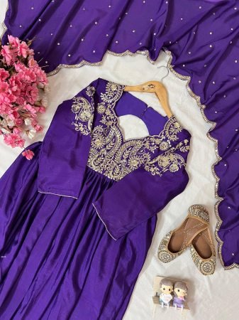 Purple Chinon Silk Embroidered Anarkali Gown with Dupatta