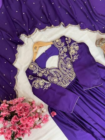 Purple Chinon Silk Embroidered Anarkali Gown with Dupatta