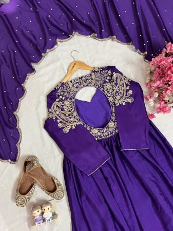 Purple Chinon Silk Embroidered Anarkali Gown with Dupatta