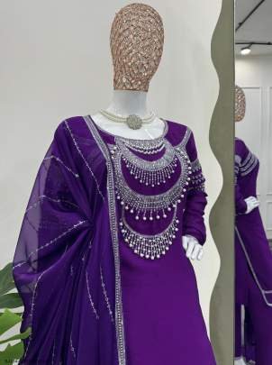 Purple Chinon silk Sequence with Rivet moti Top Pant With Dupatta
