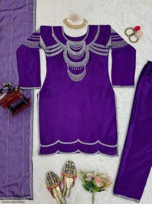 Purple Chinon silk Sequence with Rivet moti Top Pant With Dupatta