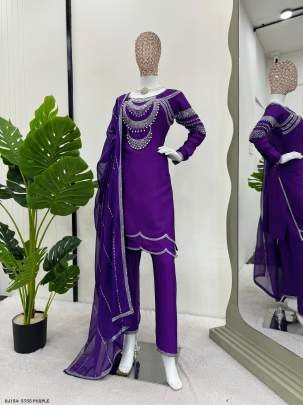 Purple Chinon silk Sequence with Rivet moti Top Pant With Dupatta