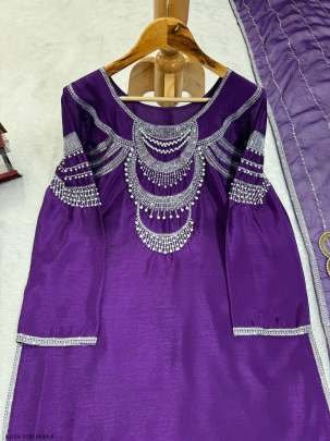 Purple Chinon silk Sequence with Rivet moti Top Pant With Dupatta