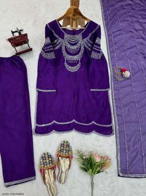 Purple Chinon silk Sequence with Rivet moti Top Pant With Dupatta