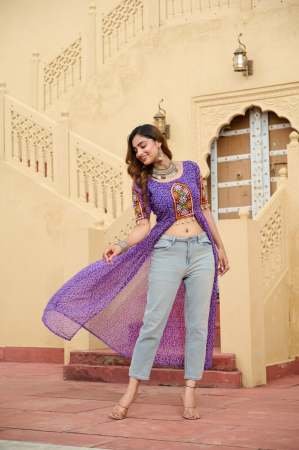 Purple Colour Bandhani Print Work Navratri Kurti