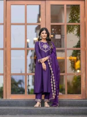 Purple Deginer Neck Embroidered Work Pure Chinon Kurtis Set