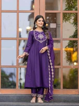 Purple Deginer Neck Embroidered Work Pure Chinon Kurtis Set