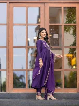 Purple Deginer Neck Embroidered Work Pure Chinon Kurtis Set