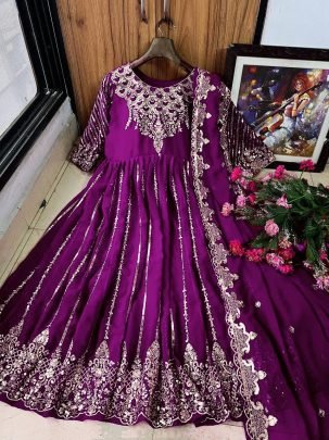 Wine Designer Anarkali Gown With Dupatta