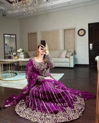 Wine Designer Anarkali Gown With Dupatta