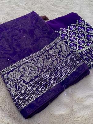 Purple Designer Border Embroidered Georgette Saree With Heavy Unstitch Blouse