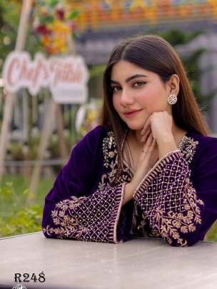 Purple Designer Embroidery Work Velvet Kurtis Palazo With Dupatta