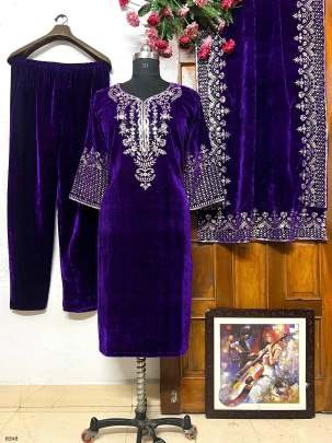 Purple Designer Embroidery Work Velvet Kurtis Palazo With Dupatta