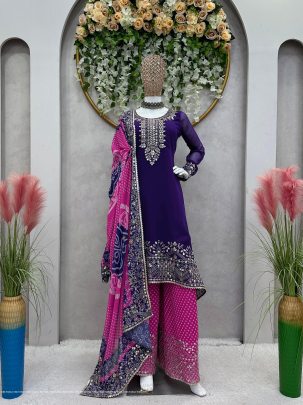 Purple Designer Heavy Faux Georgette Sequence Work Palazzo Suits
