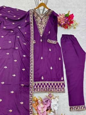 Purple Exclusive Pure Chinon Silk Top And Pant Set With Dupatta