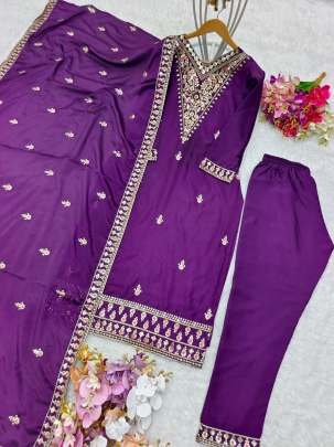 Purple Exclusive Pure Chinon Silk Top And Pant Set With Dupatta