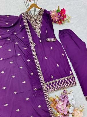 Purple Exclusive Pure Chinon Silk Top And Pant Set With Dupatta