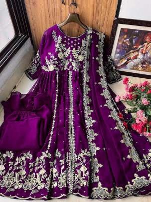 Purple Designer Zari Embroidery Work Georgette Gown
