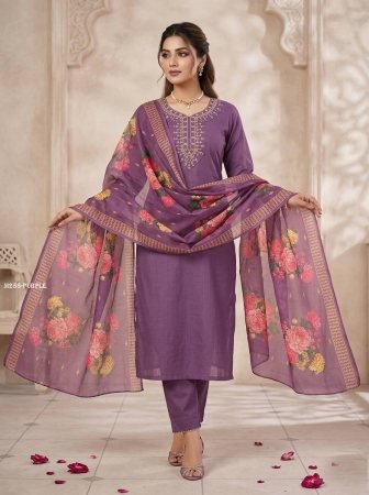 Purple Embroidered Neck Cotton Kurti Pant Set With Dupatta 