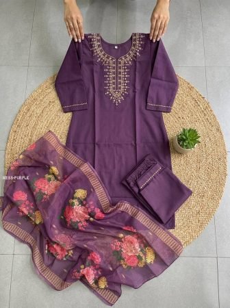 Purple Embroidered Neck Cotton Kurti Pant Set With Dupatta