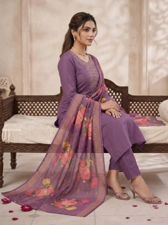 Purple Embroidered Neck Cotton Kurti Pant Set With Dupatta