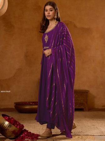 Purple Embroidered Viscose Silk Three Piece Kurti Set