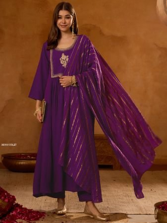 Purple Embroidered Viscose Silk Three Piece Kurti Set