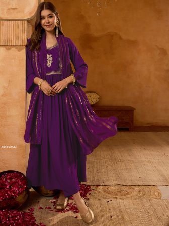 Purple Embroidered Viscose Silk Three Piece Kurti Set
