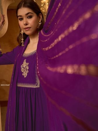 Purple Embroidered Viscose Silk Three Piece Kurti Set