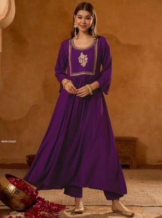 Purple Embroidered Viscose Silk Three Piece Kurti Set