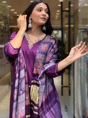 Purple Exclusive Festival Wear Readymade Multi Work Roman Silk Kurtis Set
