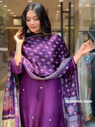 Purple Exclusive Festival Wear Readymade Multi Work Roman Silk Kurtis Set