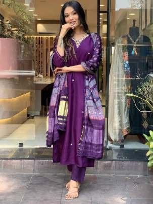 Purple Exclusive Festival Wear Readymade Multi Work Roman Silk Kurtis Set