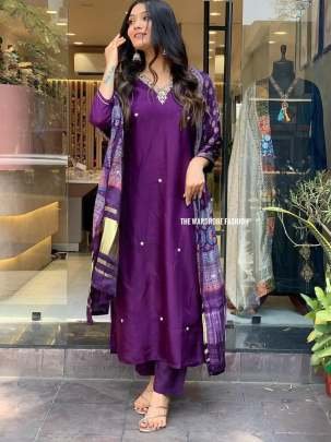Purple Exclusive Festival Wear Readymade Multi Work Roman Silk Kurtis Set