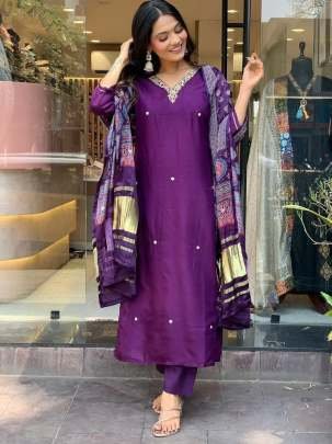 Purple Exclusive Festival Wear Readymade Multi Work Roman Silk Kurtis Set