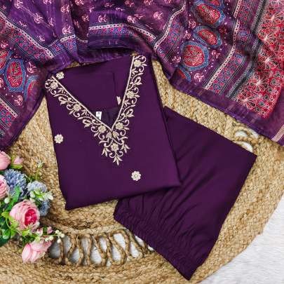 Purple Exclusive Festival Wear Readymade Multi Work Roman Silk Kurtis Set