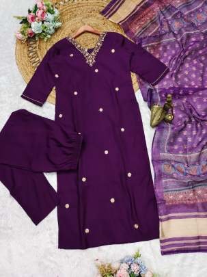 Purple Exclusive Festival Wear Readymade Multi Work Roman Silk Kurtis Set