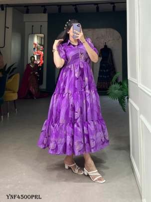 Purple Floral Printed Chiffon Western Frock