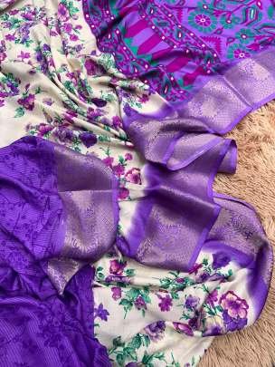 Purple Flower Printed Dola Silk Saree With Jacquard Border