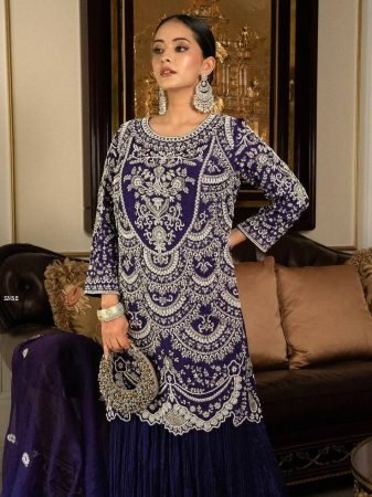 Purple Fox Georgette Embroidered Kurti Palazzo Set with Dupatta for Women