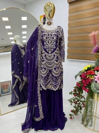 Purple Fox Georgette Embroidered Kurti Palazzo Set with Dupatta for Women