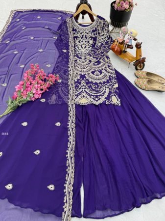 Purple Fox Georgette Embroidered Kurti Palazzo Set with Dupatta for Women